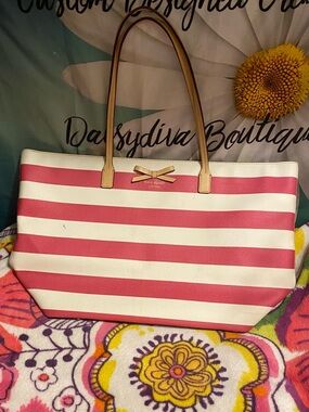 kate spade Pink and White Striped Tote with Tan Handles